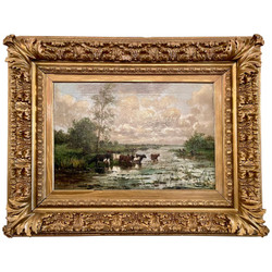 Antique Dutch Framed Oil on Canvas Painting, Pastoral Scene, Circa 1870-1880.