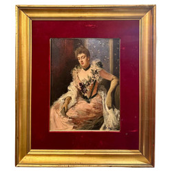 Antique French Oil on Panel Painting of a Woman, Signed "P.M. Bertran," Circa 1900's. Wonderful Painting by this Unknown Artist with Vivid Colors and Beautiful Composition.