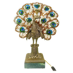 Antique French Art Nouveau Gold Bronze and Czechoslovakian Crystal Beaded Peacock Lamp on Green Marble Base, Circa 1915-1920's.