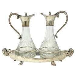 Antique English Silver-Plated and Hand-Etched Glass Oil & Vinegar Cruet Set, Circa 1870-1880.