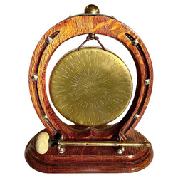 Small Antique English Victorian Golden Oak and Brass Gong, Circa 1880-1890.
