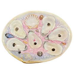 Antique American "Union Porcelain Works" Pink Clam-Shaped Porcelain Oyster Plate, Circa 1880s. Unusually Large for UPW, Shaped and Intricately Hand-Painted in Pink & Violet with Sea-Life Details.