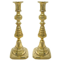 Pair Antique English Victorian Solid Brass Beehive Candlesticks, Circa 1890.