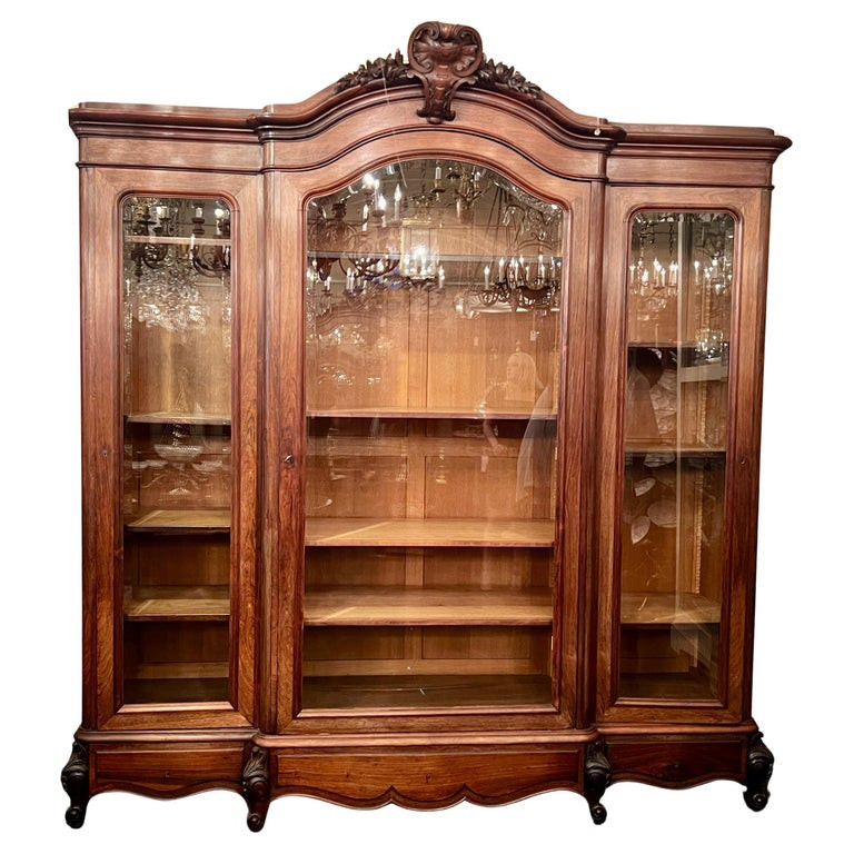 Antique French Rosewood Breakfront Display Cabinet with Beveled