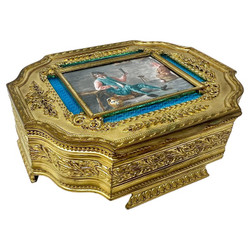 Antique French Blue and Pink Enameled Porcelain and Gold Bronze Jewel Box, Circa 1910. Made in France and Retailed by Ovington Brothers of New York.