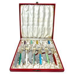 Antique Danish Sterling Silver and Multi-Colored Enamel 12-Piece Luncheon Set in Original Box, Circa 1920. 6 Forks and 6 Knives All in Varying Colors of Blue, Green, Red, White, Purple, Yellow, Etc.