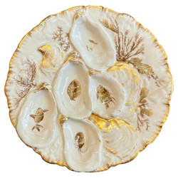 Antique French Limoges Porcelain Painted Sea-Life Turkey Pattern Oyster Plate, Circa 1890's. Hand-Painted Gold Details on an Ivory Background with Fish, Crayfish, Seashells & Coral.