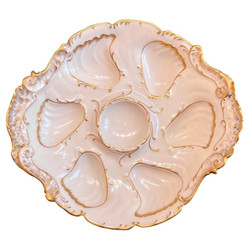 Antique French "Jules Etienne" Porcelain Unusually Shaped Oyster Plate, Circa 1890's. Hand-Painted Gold Details on a Cream Colored Background.