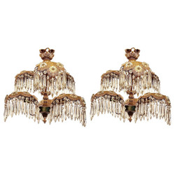 Pair Estate French Gold Bronze and Cut Crystal Palm Chandeliers, Circa 1940-1950.