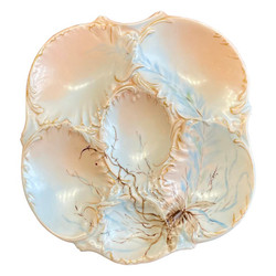 Antique French Porcelain Shaped Oyster Plate, Signed "M.R. Limoges, France," Circa 1900. Hand-Painted in Pastel Pinks, Peaches and Blues with Sea Grasses and Gold Details.