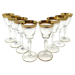 Set of 8 Estate Cut Crystal with Gold Etching Cordial Glasses, Circa 1930-1940.