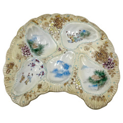 Rare Antique Japanese Crescent-Shaped Porcelain Jeweled Oyster Plate, Signed "Kutani," Circa 1890-1900. Intricately Designed Plate with Stunning Jewel Work.