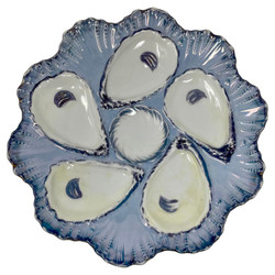 Antique Continental Hand-Painted Porcelain Oyster Plate, Circa 1880-1890. Beautiful and Unusual Colors of Periwinkle and Lavender Blue.