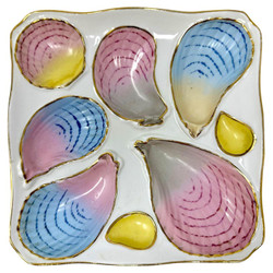Antique Austrian "B.S.M. Co." Porcelain Pink, Blue, & Yellow Square Shaped Oyster Plate, Circa 1880.