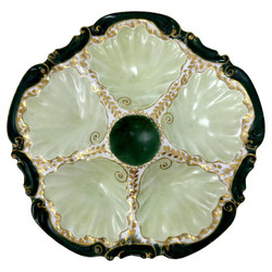 Antique French "Elite Works" Limoges Porcelain Green & Gold Oyster Plate, Circa 1890-1900. Shaped Oyster Plate in Striking Shades of Forest Green, Gold, and Pale Chartreuse.