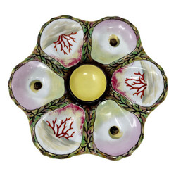 Antique German Hand-Painted Multi-Colored Porcelain Oyster Plate, Circa 1880. Beautiful Intricate "Coral" Design in Colors of Purple, Pink, Green, & Yellow.
