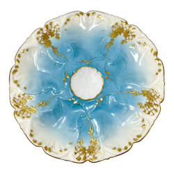 Antique French Limoges Porcelain Oyster Plate, Signed "Lewis Strauss & Co.," Circa 1900. Hand-Painted Sky Blue with Gold Details on an Ivory Background.