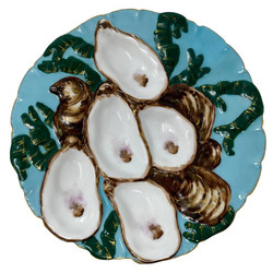 Antique French Porcelain Turkey Pattern Oyster Plate, Signed "H. Limoges," Circa 1890. Vibrantly Hand-Painted in Colors of Blue Cyan with Forest Green Ribbon and White with Umber Oyster Wells.