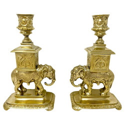 Pair Antique Gold Bronze Chinoiserie Candlesticks with Elephants, Circa 1910's.