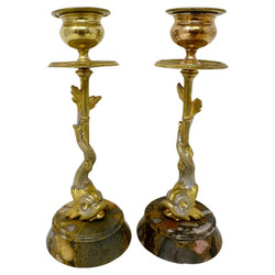 Pair Antique Gold Bronze and Silvered Bronze Figural Dolphin Fish Candlesticks with Marble Bases, Circa 1910.