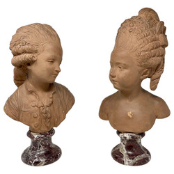 Pair Antique French Terracotta Busts, Signed "Houdon" on Marble Bases, Circa 1860.