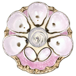 Antique German Porcelain Oyster Plate, Signed "Carl Tielsch," Circa 1880-1890. Hand-Painted in Soft Pink and Cream Colors.