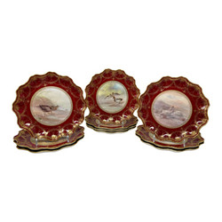 Set of 10 Antique English "Royal Doulton" Red and Gold Porcelain Game Birds Service Plates, Circa 1880-1890.