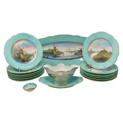 Set of 15 Antique Continental Hand-Painted Aqua Blue and Gold Porcelain Fish Service, Circa 1890-1900. Pretty Dutch Landscape and Seascape Scenes on Each Piece.