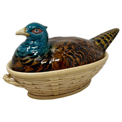 Estate French Faience Porcelain Pheasant Tureen, Signed "Sarreguemines Co., France." Circa 1950's.