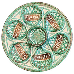 Estate French Faience Hand-Painted Porcelain Oyster Plate, Circa 1960's. Lively Green and Brown Design on an Ivory Background.