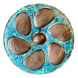 Estate Hand-Painted French Faience Porcelain Oyster Plate with Black Basalt Glaze & Blue Decoration.