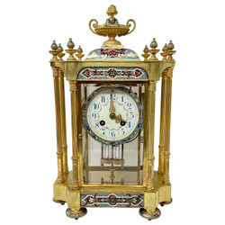 Stunning Antique French Bronze D'ore Clock with Champlevé Enamel & Mercury Pendulum, Circa 1880's-1890's.