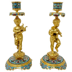 Stunning Pair of Antique French Champlevé Enamel & Gold Bronze Musical Figure Candlesticks, Circa 1870.