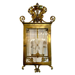 Antique French Gold Bronze Lantern with Wheel Carved and Beveled Glass, Circa 1890's.