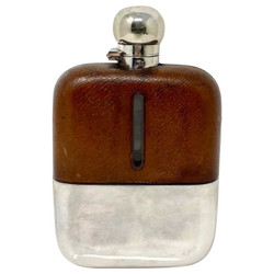 Large Antique English Silver-Plated, Leather and Glass Hip Flask, Circa 1900's. With Removeable Cup.