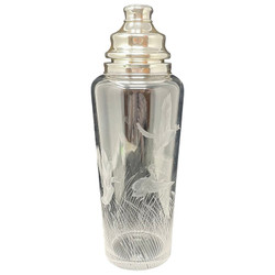 Antique American Art Deco Era "Hawkes" Etched Glass & Sterling Silver Large Format Cocktail Shaker, Circa 1910's. Fine Etching of Flying Ducks Among Cattails & Reeds.