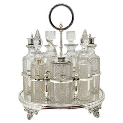 Antique English Sheffield Silver-Plate & Crystal 6-Bottle Cruet Set, Circa 1880.