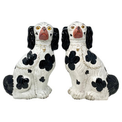 Large Pair of Antique English Staffordshire Pottery Black & White King Charles Spaniels, Circa 1870-1880's.