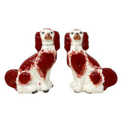 Large Pair of Antique English Staffordshire Pottery Dogs of King Charles Spaniels. Red-Orange and White Porcelain with Pretty Collars, Circa 1870-1880.