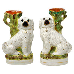 Pair Unusual Antique English Staffordshire Pottery Porcelain Seated Spaniels with Vases, Circa 1890's.