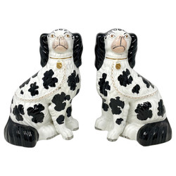 Pair Antique English Staffordshire Pottery Black and White Seated Spaniels, Circa 1870-1880.