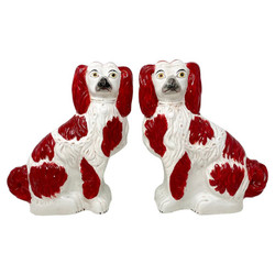 Pair Antique English Staffordshire Pottery Red-Orange & White Seated Spaniel Dog Statues, Circa 1870-1880's.