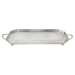 Antique English Silver-Plated Drinks Tray, Circa 1880. This Long and Narrow Drinks Tray is Footed with a Gallery and Handles on Each Side.