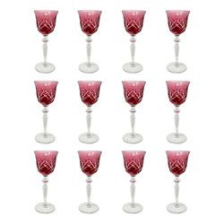 Set of 12 Vintage German Lead Crystal Cut-to-Clear "Gorham Cherrywood" Cranberry Wine Glasses.
