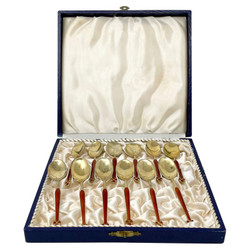 Set of 12 Antique Sterling Silver with Red Enamel Demi-Tasse Spoons, Made in Norway, Circa 1910. Beautiful Gold Wash on the Spoons, All Set in their Original Box.