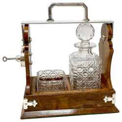 Unusual Antique English Oak, Silver-Plate and Cut Crystal One-Bottle Tantalus and Cigar Holder, Circa 1890's.