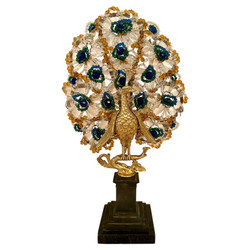 Antique Art Deco French Gold Bronze and Colorful Beadwork Peacock Lamp on Marble Base, Circa 1910-1920.