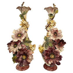 Grand Scale Antique Italian Majolica Porcelain Floral Vases, Circa 1910-1920. Signed by Mollica Family of Naples, Italy on the Bottom of Each Vase.