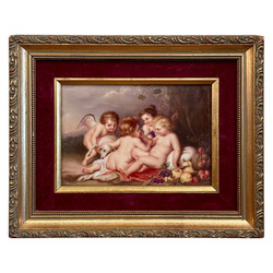 Antique Painted Porcelain Plaque after Ruben's Christ Child with the Infant of Saint John the Baptist with Angels, Circa 1880's.