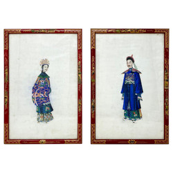 Pair Antique 19th Century Chinese Framed Oil Paintings on Silk of Canton Figures in Traditional Costumes, Circa 1880.